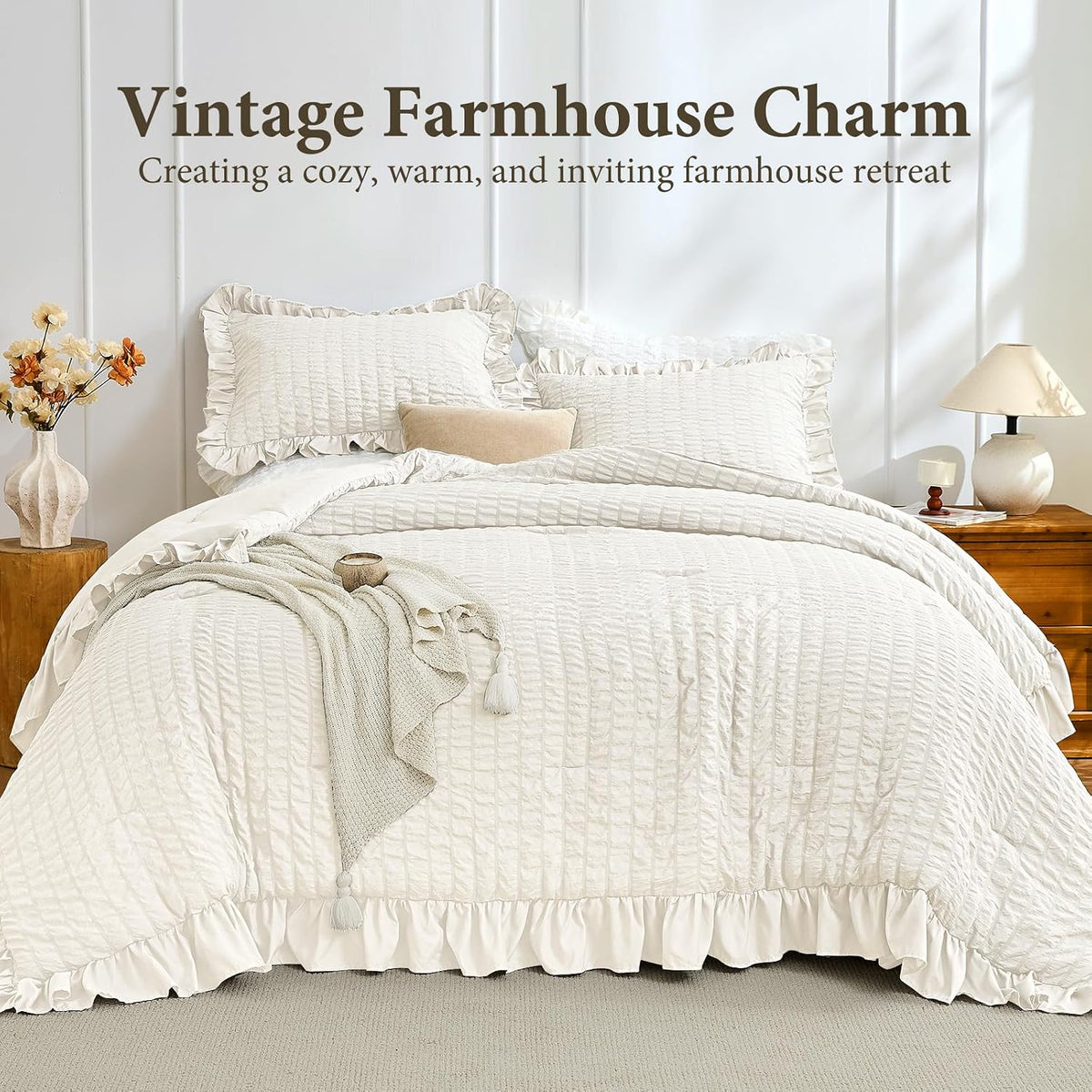 JOLLYVOGUE Ivory Comforter Full Size, 3 Pieces Seersucker Lightweight Full Size Bedding, All Season Fluffy Microfiber Bedding Comforter Set with 1 Ruffle Comforter and 2 Ruffle Pillowshams