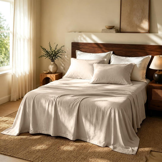 MEISHANG 100% French Linen Sheets Queen,4 Pcs,18-24" Extra Deep Pocket