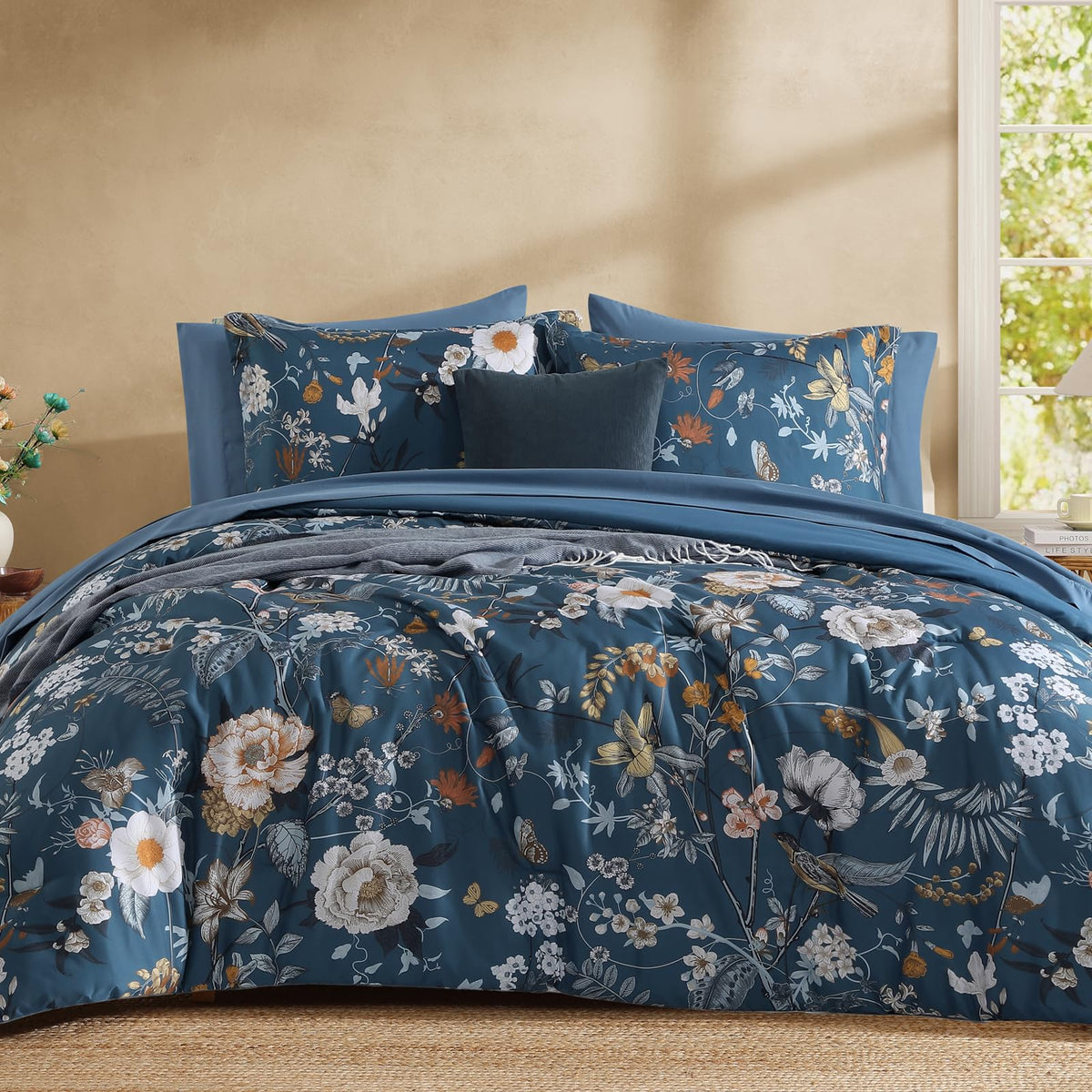 Queen Comforter Set - 7 Pieces Soft Floral Bed in a Bag Queen Bedding Sets