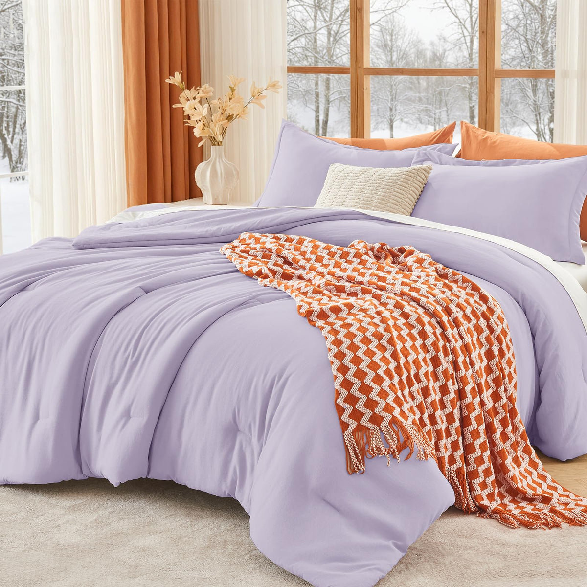 MUXHOMO Queen Size Comforter Set Beige, 3 Piece Solid Bedding for All Seasons, Warm Down Alternative Bed Set Includes 1 Lightweight Comforter (90"x90") and 2 Pillowshams (20"x26")