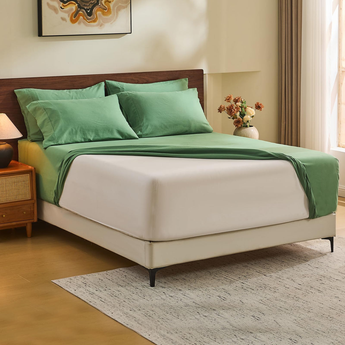 MEISHANG 100% French Linen Sheets Queen,4 Pcs,18-24" Extra Deep Pocket