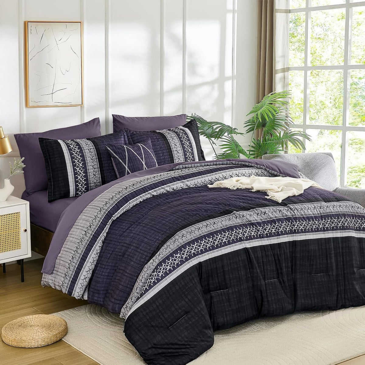 Dintszyayue Sage Green King Comforter Size Set, 8 Pieces Striped Boho Texture Bed in a Bag Sets, Lightweight Soft Bohemian Comforter and Sheet Set, All Season Microfiber Bedding Sets for Men Women