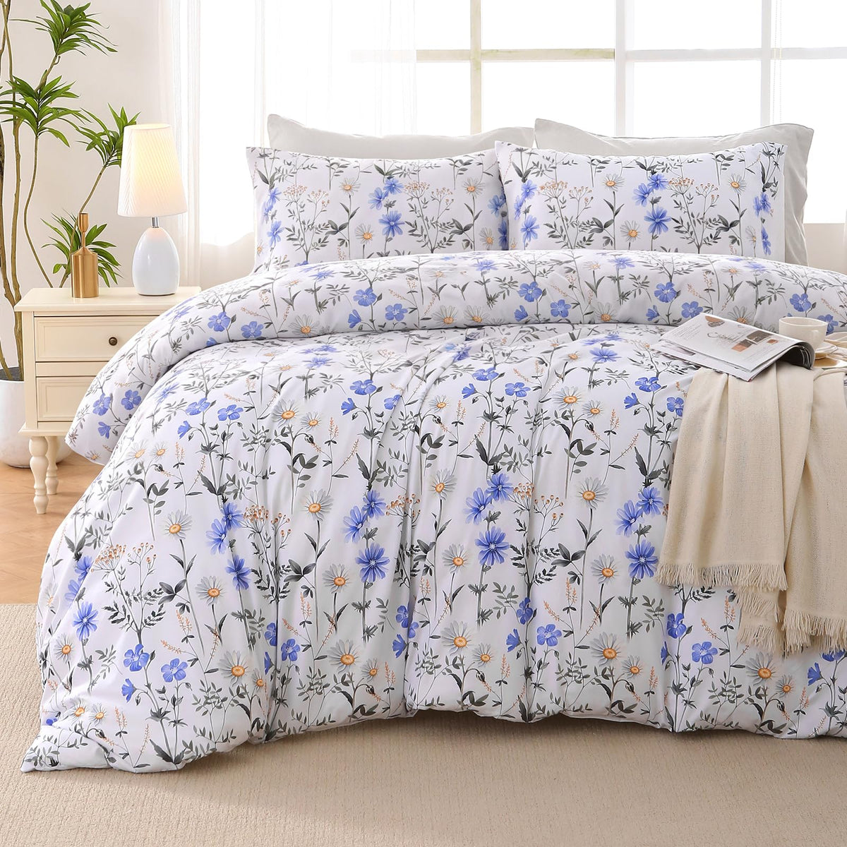 MUXHOMO Beige Full Comforter Set, Elegant Floral Print Bed in a Bag 7 Pieces, Ultra Soft & Breathable Reversible Botanical Pattern Bedding Set with Comforter, Sheets, Pillowcases, and Shams