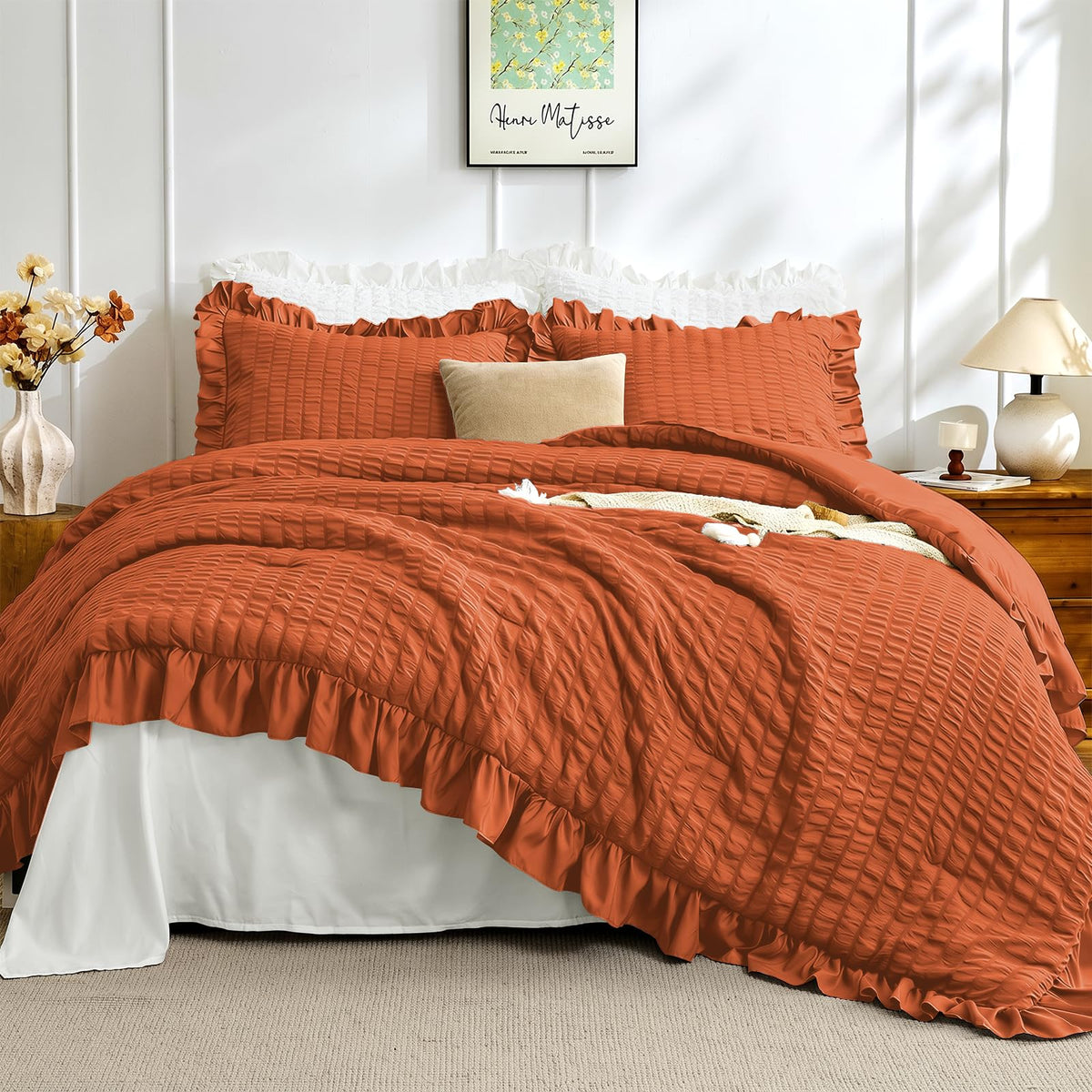 JOLLYVOGUE Ivory Comforter Full Size, 3 Pieces Seersucker Lightweight Full Size Bedding, All Season Fluffy Microfiber Bedding Comforter Set with 1 Ruffle Comforter and 2 Ruffle Pillowshams