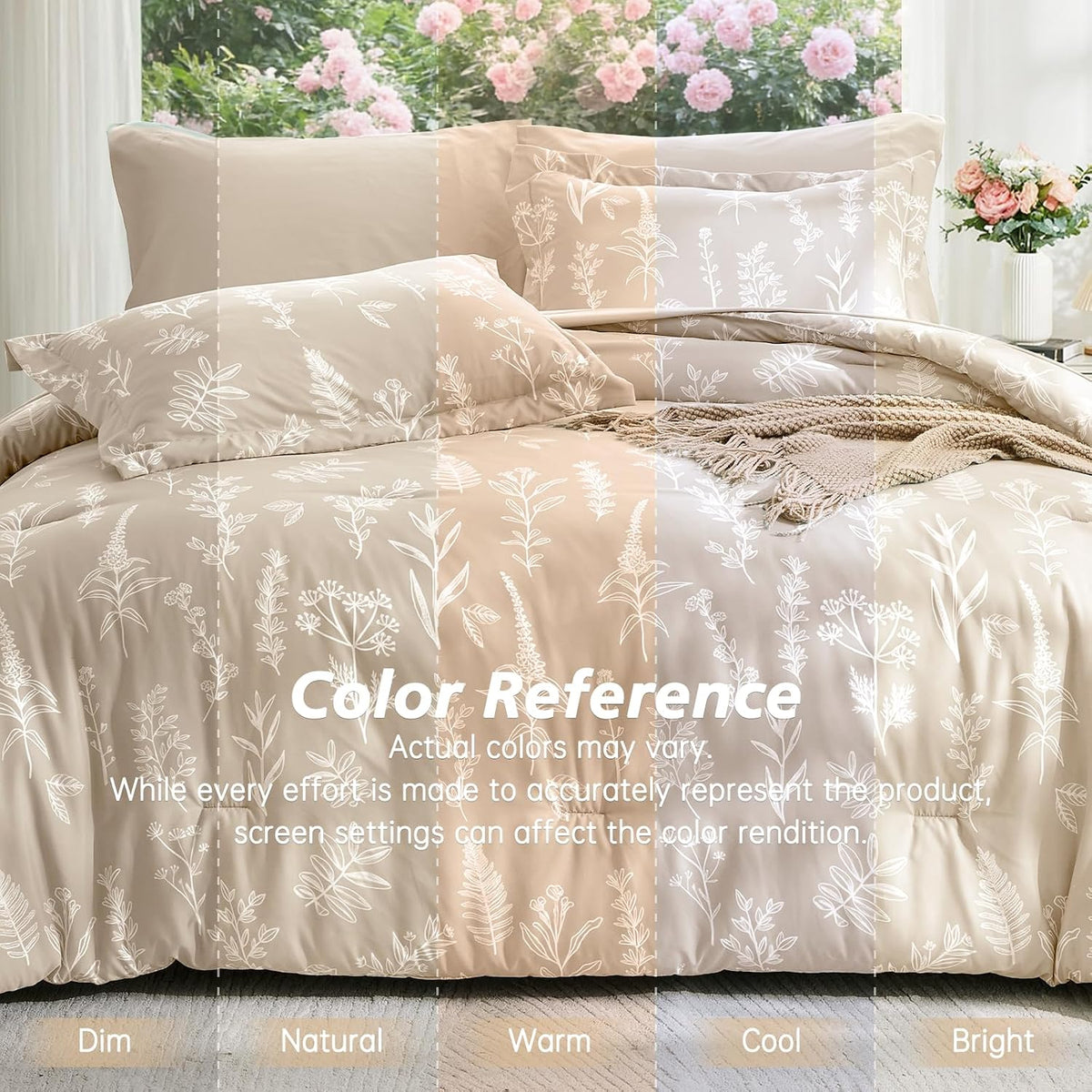 MUXHOMO Beige Full Comforter Set, Elegant Floral Print Bed in a Bag 7 Pieces, Ultra Soft & Breathable Reversible Botanical Pattern Bedding Set with Comforter, Sheets, Pillowcases, and Shams
