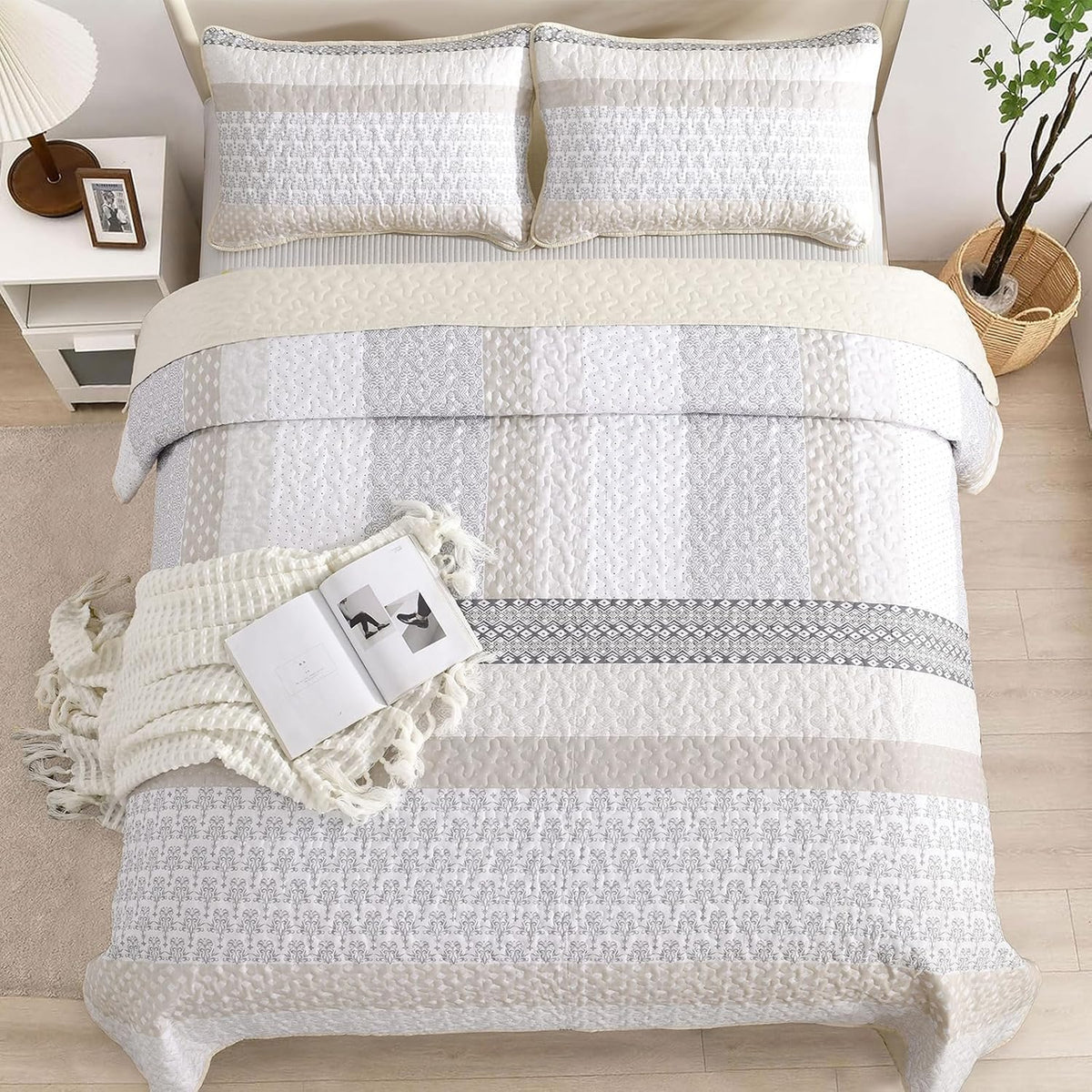 WONGS BEDDING Beige Quilt Queen Size, Boho Striped Bedspread