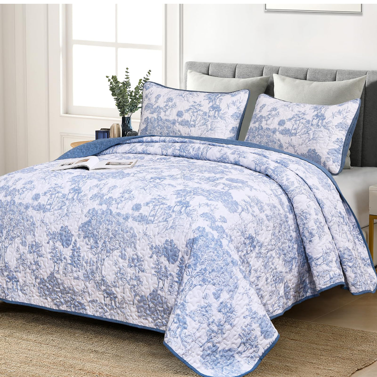 WONGS BEDDING Sage Green Quilt Set Queen Size, Botanical Floral Bedspread