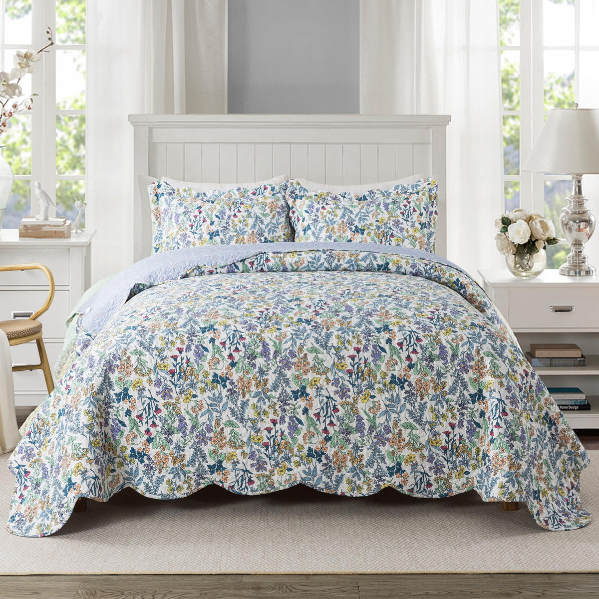 Travan 3-Piece Quilt Set Quilted Bedspread Lightweight Coverlet Set Garden Style Floral Printed Oversized Quilted Bedding Set with Shams for All Season, Exquisite, Queen Size
