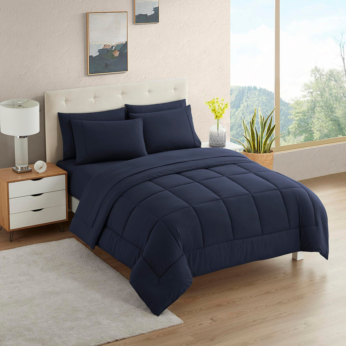 Sweet Home Collection 5 Piece Comforter Set Bag Solid Color All Season Soft Down Alternative Blanket & Luxurious Microfiber Bed Sheets, Navy, Twin