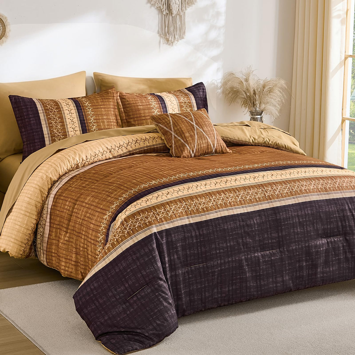 Dintszyayue Sage Green King Comforter Size Set, 8 Pieces Striped Boho Texture Bed in a Bag Sets, Lightweight Soft Bohemian Comforter and Sheet Set, All Season Microfiber Bedding Sets for Men Women