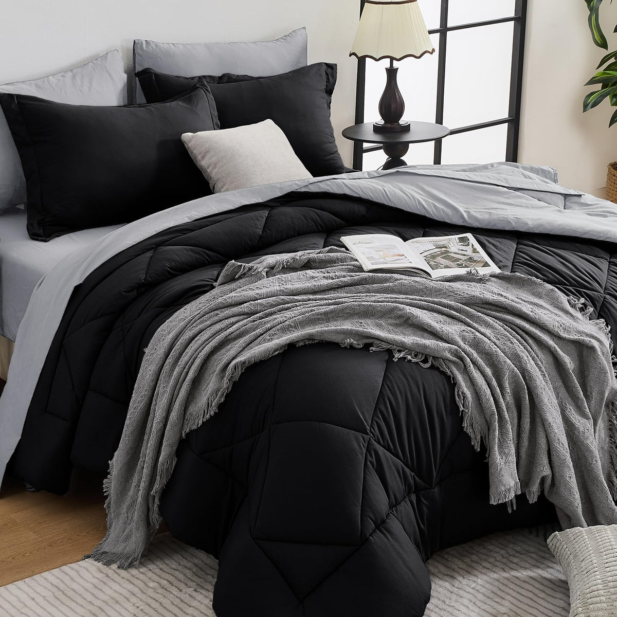 HEVUMYI 7-Piece King Comforter Set, Dark Grey Bed in a Bag