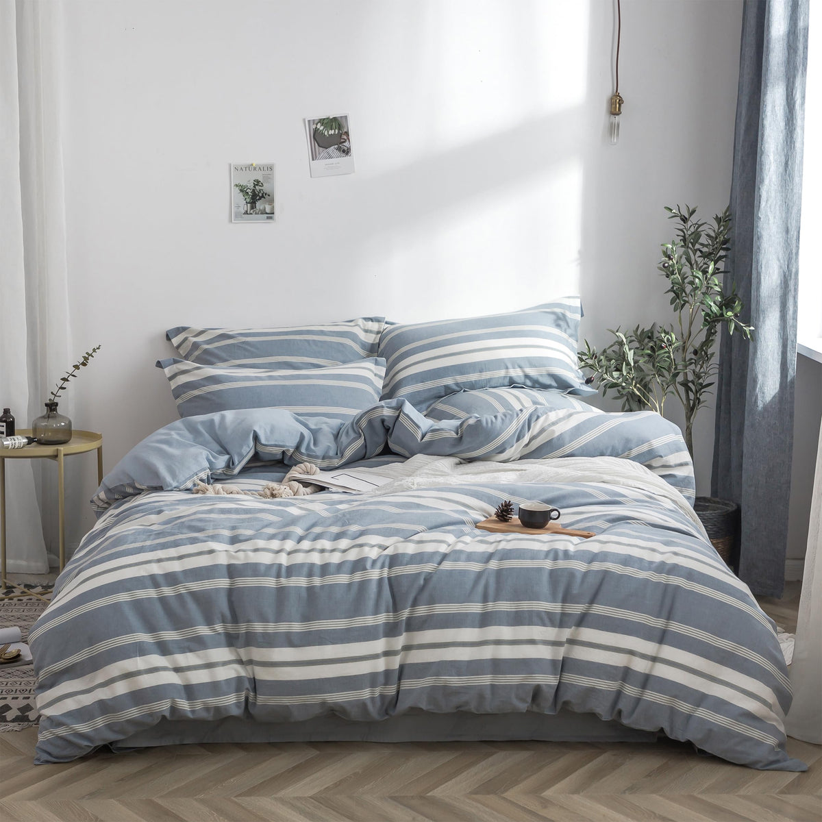BISELINA 100% Washed Cotton Duvet Cover Set 3pcs with Bowknot Ties Strap Solid Color Linen Like Textured Durable Breathable Soft Comfy Chic Bedding (Twin, Cornflower Blue)