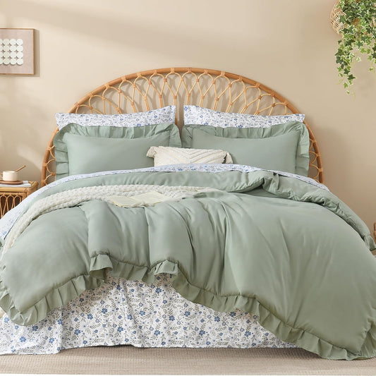 Litanika 7Pcs Queen Ruffled Sage Green Comforter Set with Floral Sheets