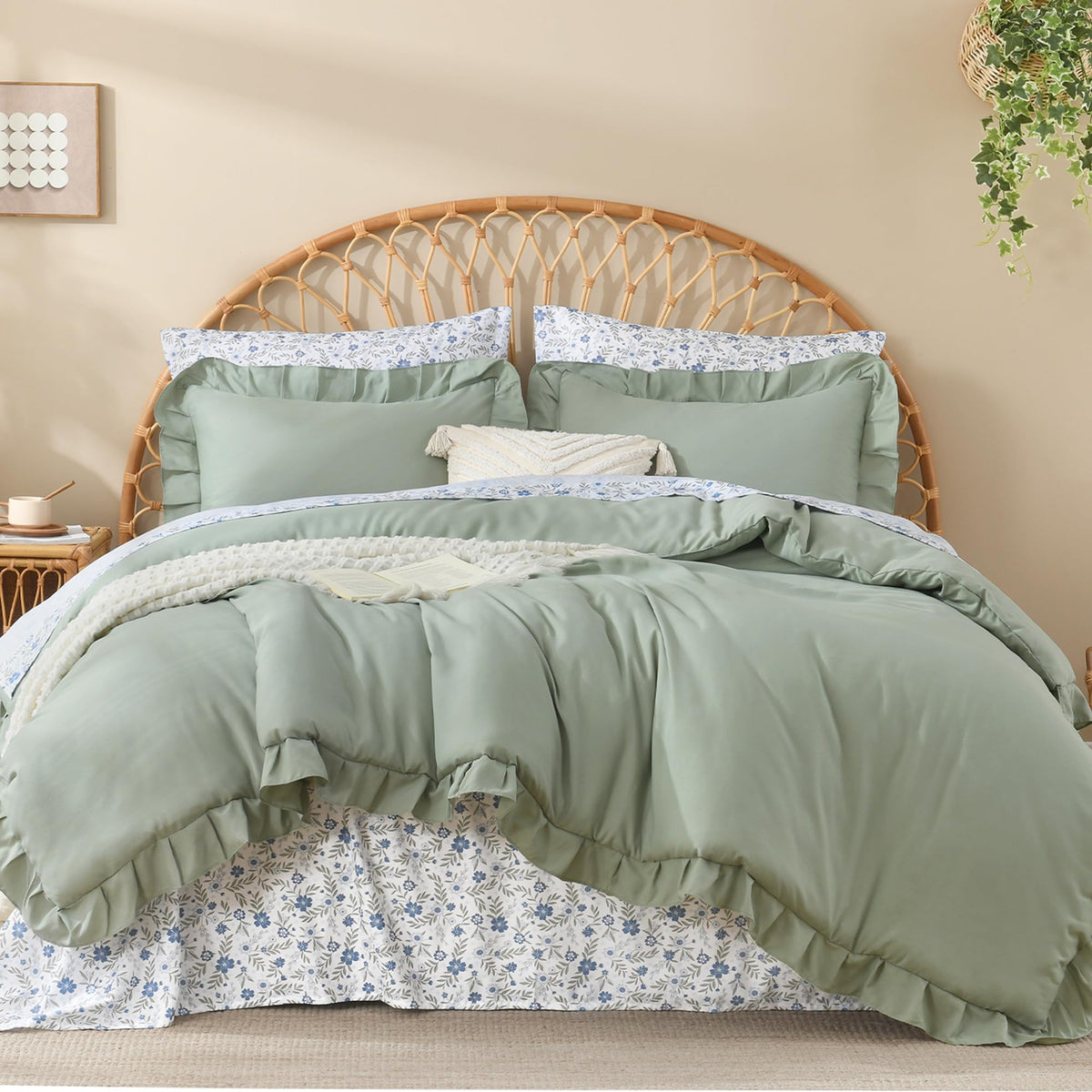 Litanika 7Pcs Queen Ruffled Sage Green Comforter Set with Floral Sheets