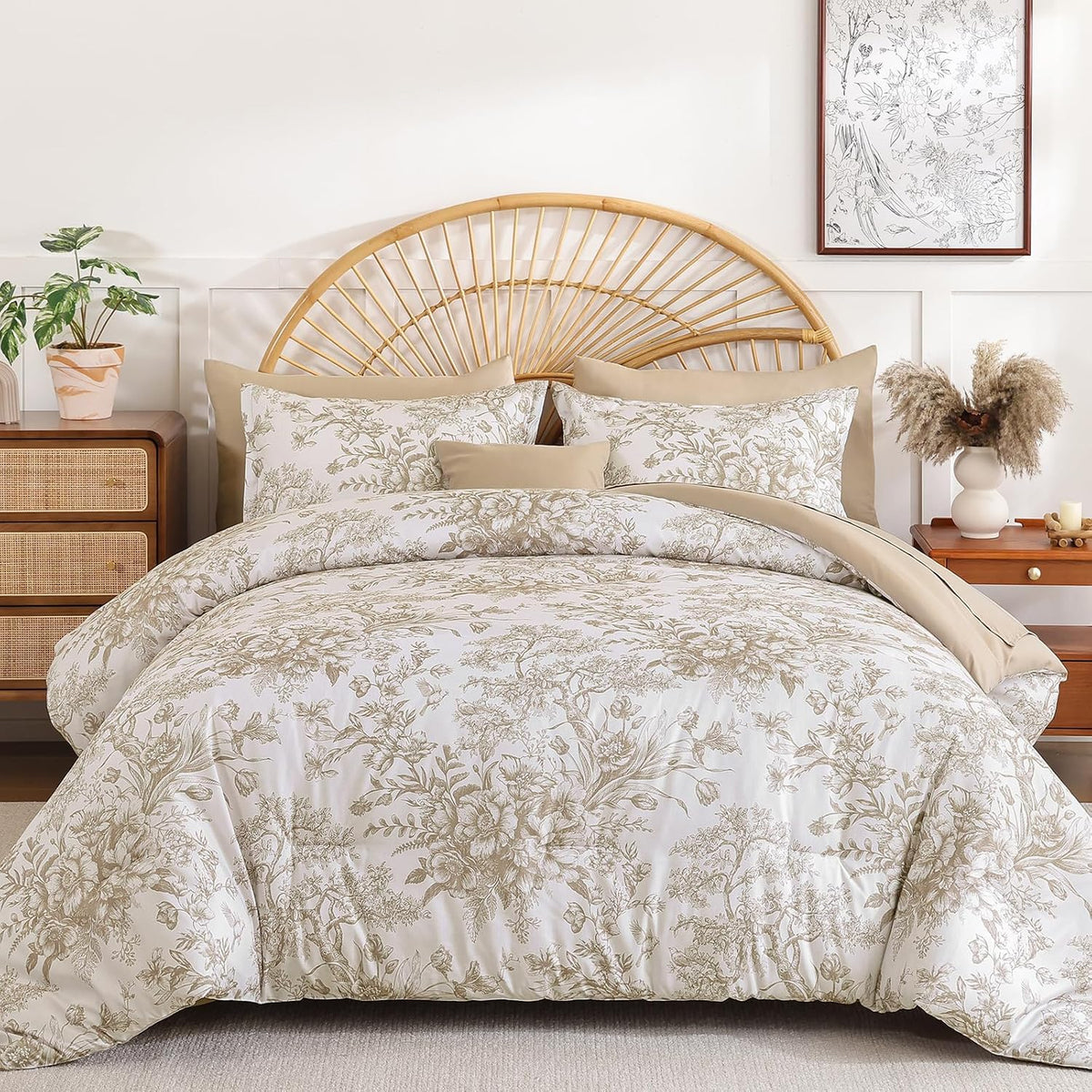 Queen Comforter Set 8 Pieces, Floral Comforter Set, Brown Bed in a Bag