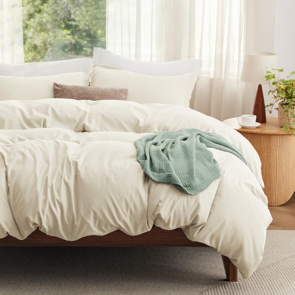 Bedsure Prewashed Duvet Cover Queen, Cotton-Like Soft Bedding Set, Beige