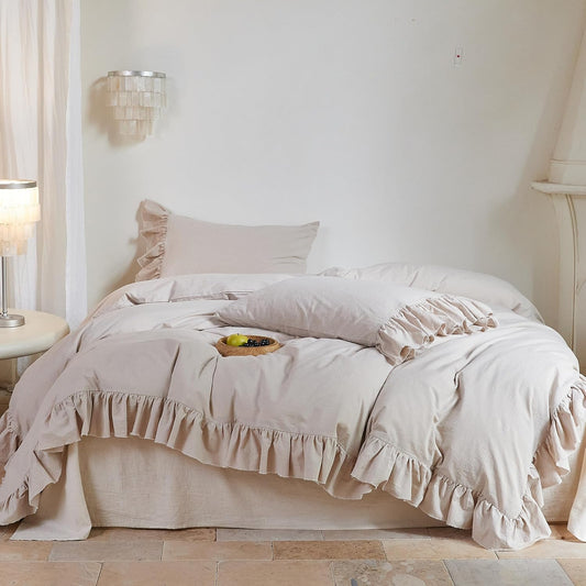 BISELINA 100% Washed Cotton Duvet Cover Set 3pcs Vintage Farmhouse Style Handmade Frayed Ruffle Solid Color Soft Breathable Bedding with Button Closure - Light Khaki, King