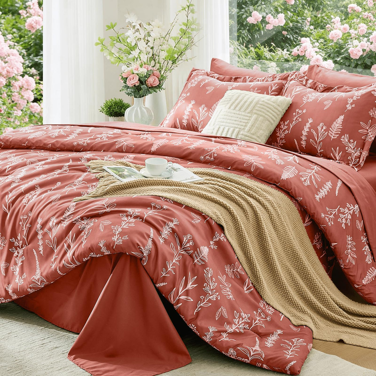 MUXHOMO Beige Full Comforter Set, Elegant Floral Print Bed in a Bag 7 Pieces, Ultra Soft & Breathable Reversible Botanical Pattern Bedding Set with Comforter, Sheets, Pillowcases, and Shams