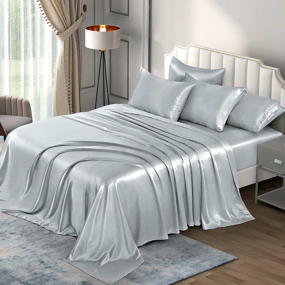 P Pothuiny Satin Sheets Set, Queen (6 Pieces, Taupe) - Luxury Soft Bed Linen Set with 1 Fitted Sheet, 1 Flat Sheet, 4 Pillowcases