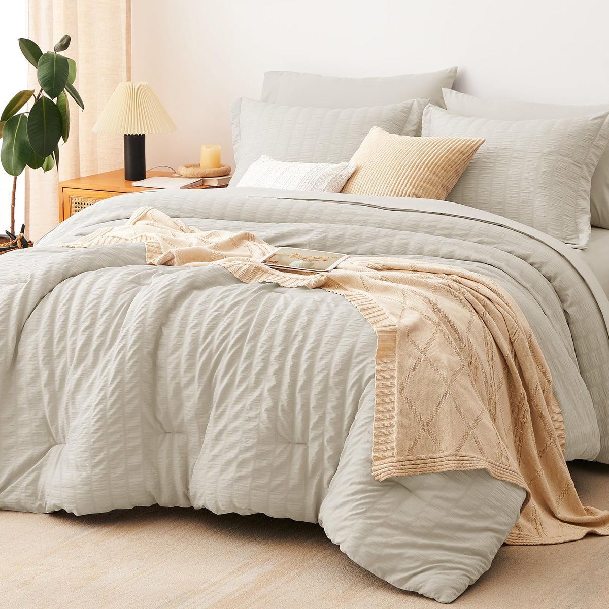 CozyLux Queen Comforter Set, 7 Pieces Beige Seersucker Bed in a Bag