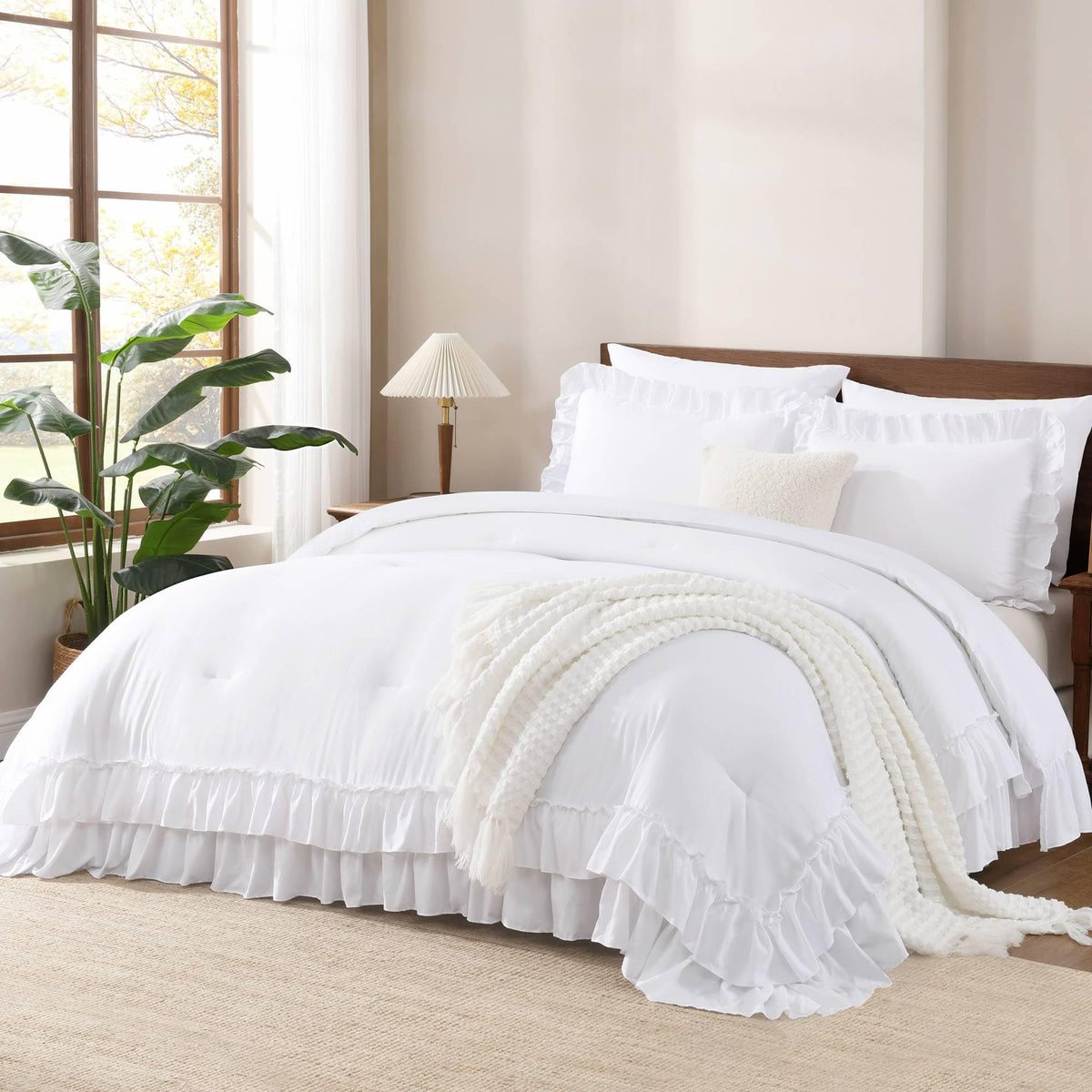 Andency Beige Ruffle Full Size Comforter Set, 3 Pieces