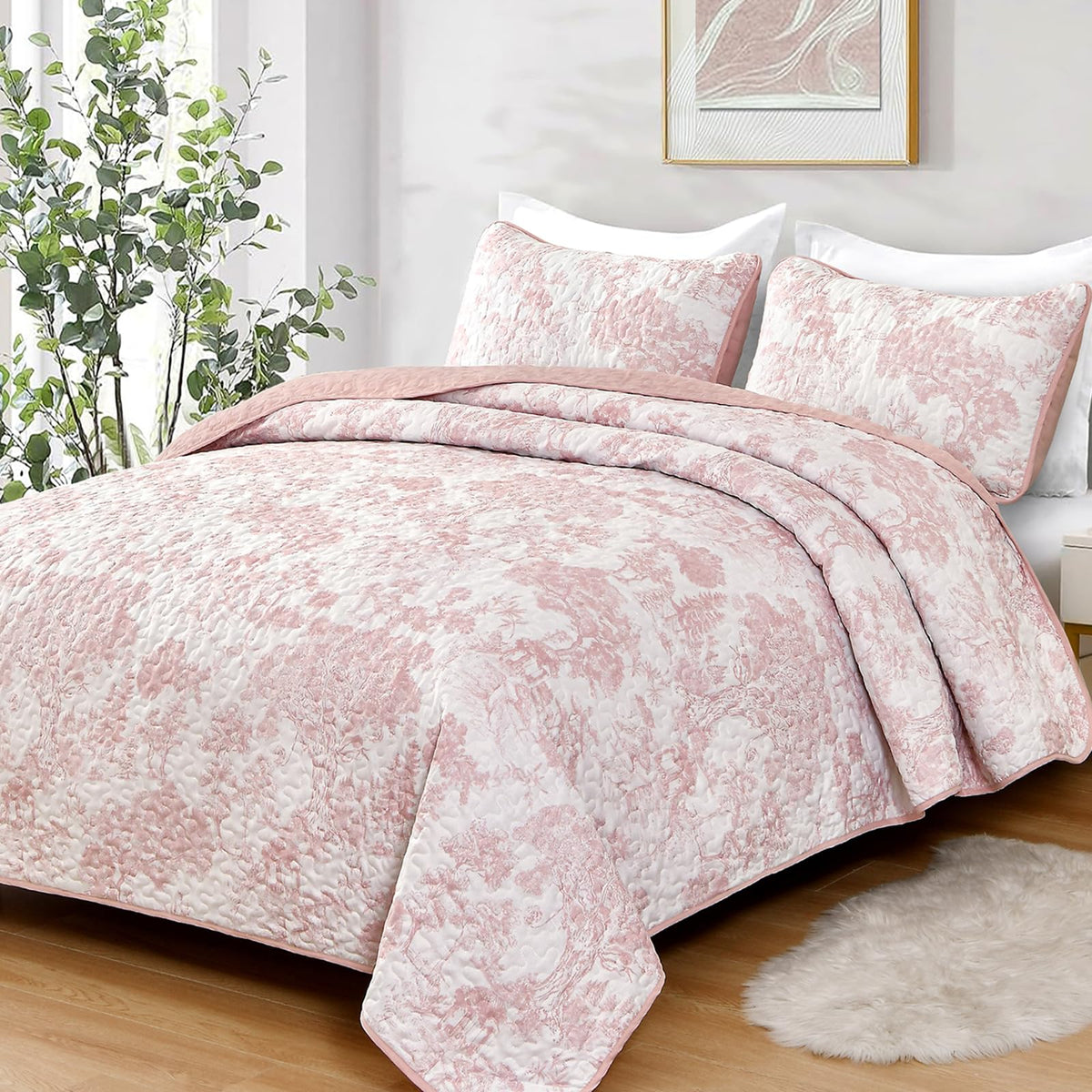 WONGS BEDDING Sage Green Quilt Set Queen Size, Botanical Floral Bedspread