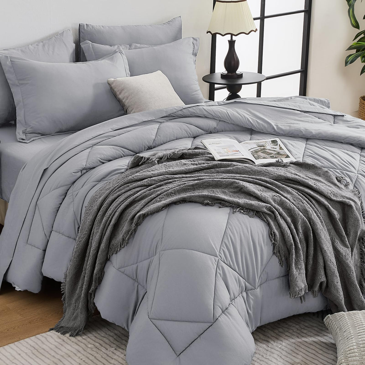 HEVUMYI 7-Piece King Comforter Set, Dark Grey Bed in a Bag