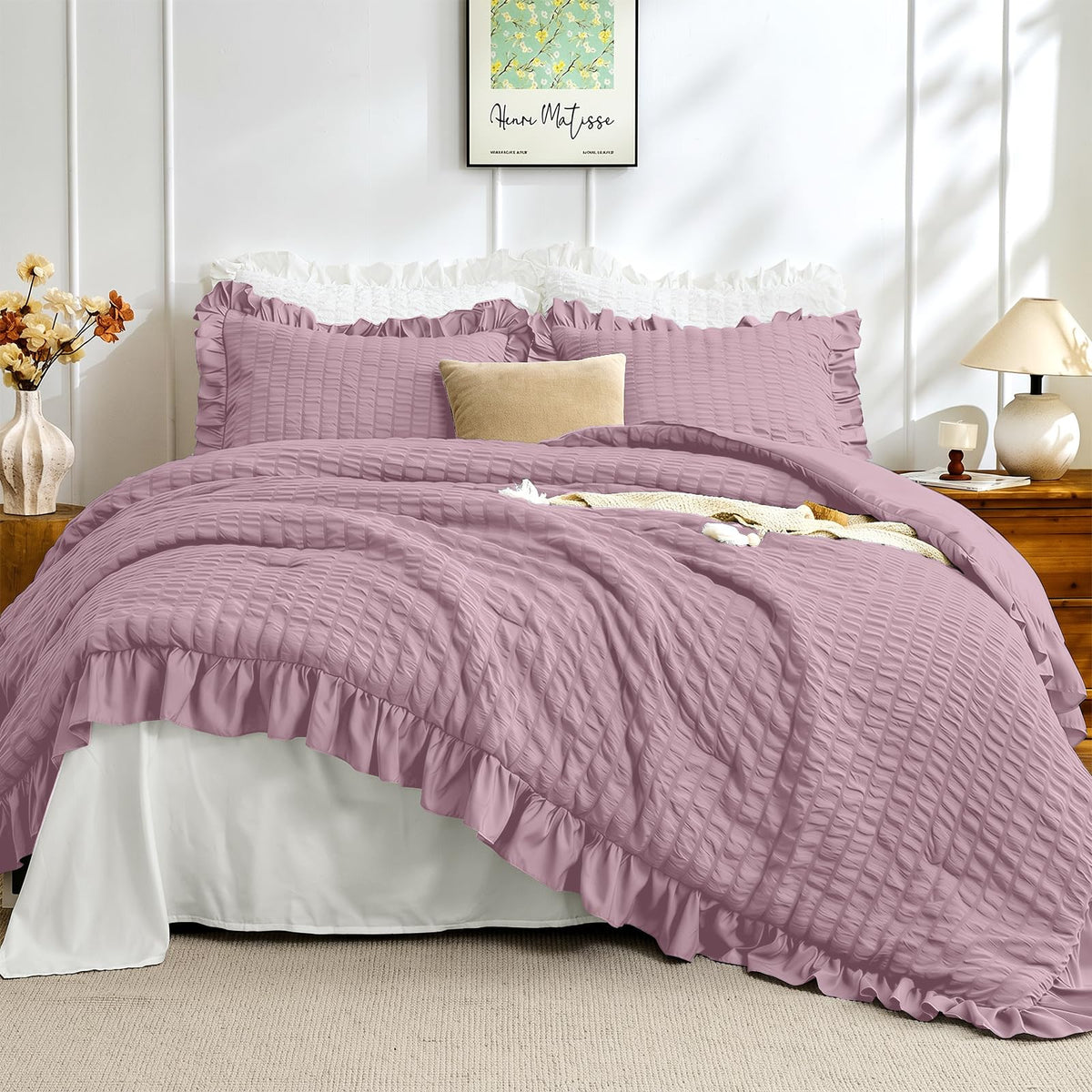 JOLLYVOGUE Ivory Comforter Full Size, 3 Pieces Seersucker Lightweight Full Size Bedding, All Season Fluffy Microfiber Bedding Comforter Set with 1 Ruffle Comforter and 2 Ruffle Pillowshams