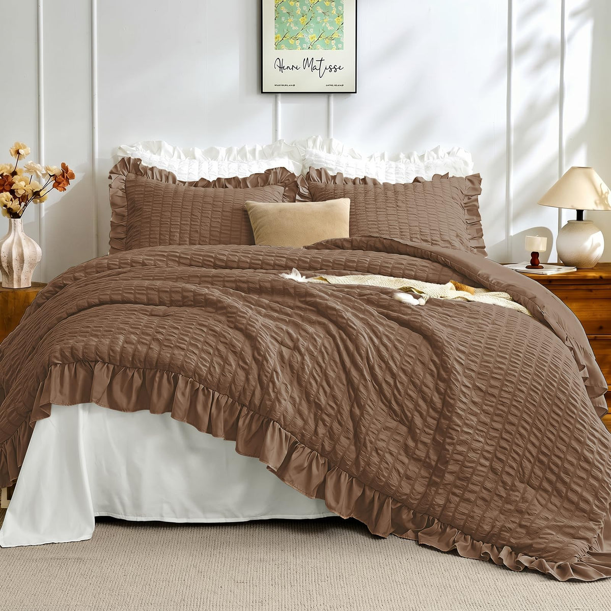 JOLLYVOGUE Ivory Comforter Full Size, 3 Pieces Seersucker Lightweight Full Size Bedding, All Season Fluffy Microfiber Bedding Comforter Set with 1 Ruffle Comforter and 2 Ruffle Pillowshams