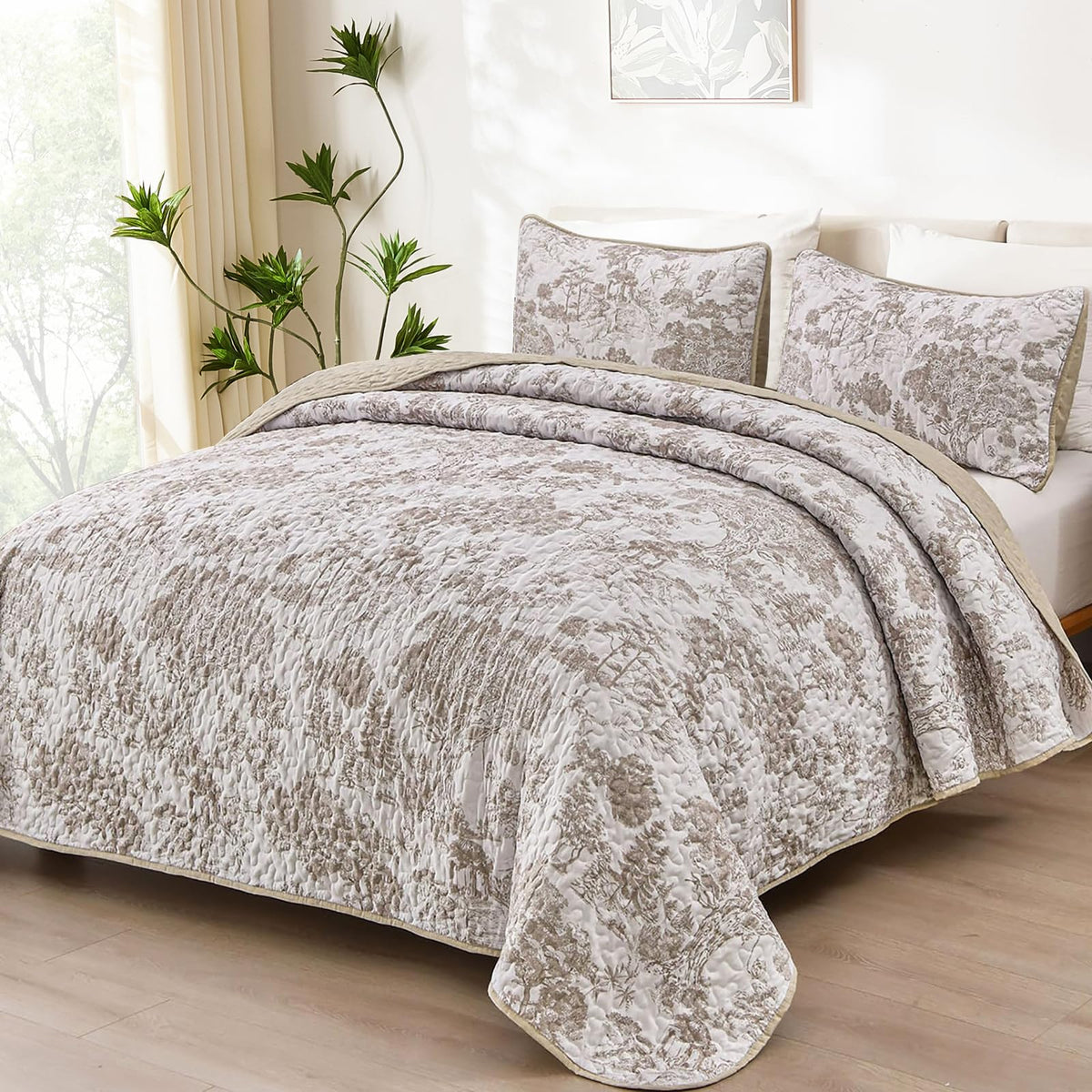 WONGS BEDDING Sage Green Quilt Set Queen Size, Botanical Floral Bedspread