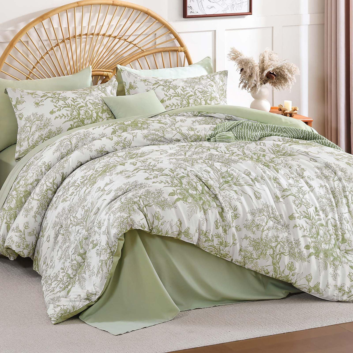 Queen Comforter Set 8 Pieces, Floral Comforter Set, Brown Bed in a Bag