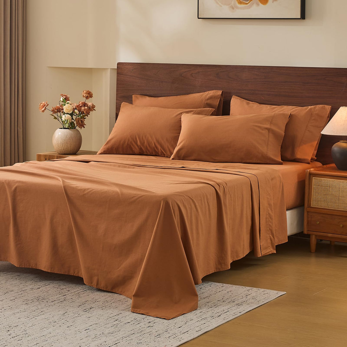 MEISHANG 100% French Linen Sheets Queen,4 Pcs,18-24" Extra Deep Pocket