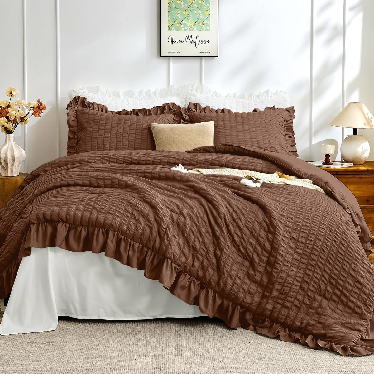 JOLLYVOGUE Ivory Comforter Full Size, 3 Pieces Seersucker Lightweight Full Size Bedding, All Season Fluffy Microfiber Bedding Comforter Set with 1 Ruffle Comforter and 2 Ruffle Pillowshams