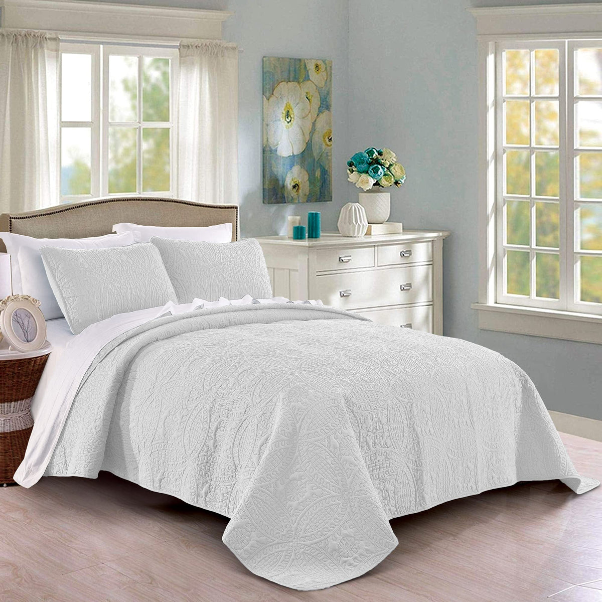 Pure Bedding Quilt Set Full/Queen Size Ash Blue - Oversized Bedspread - Soft Microfiber Lightweight Coverlet for All Season - 3 Piece Includes 1 Quilt and 2 Shams, Geometric Pattern
