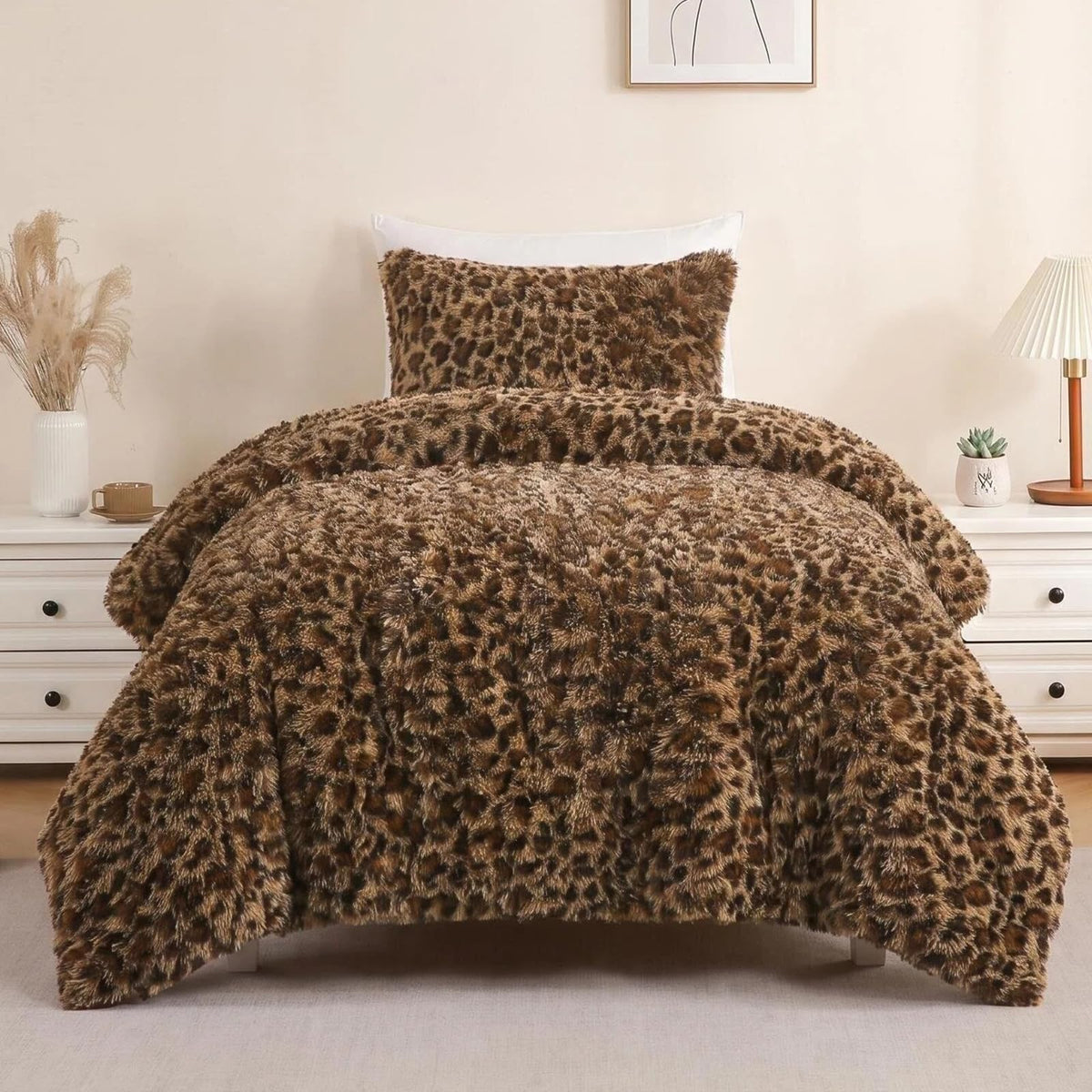Cheetah Print Fluffy Faux Fur Comforter Set Full Size, 3 Pieces, Brown