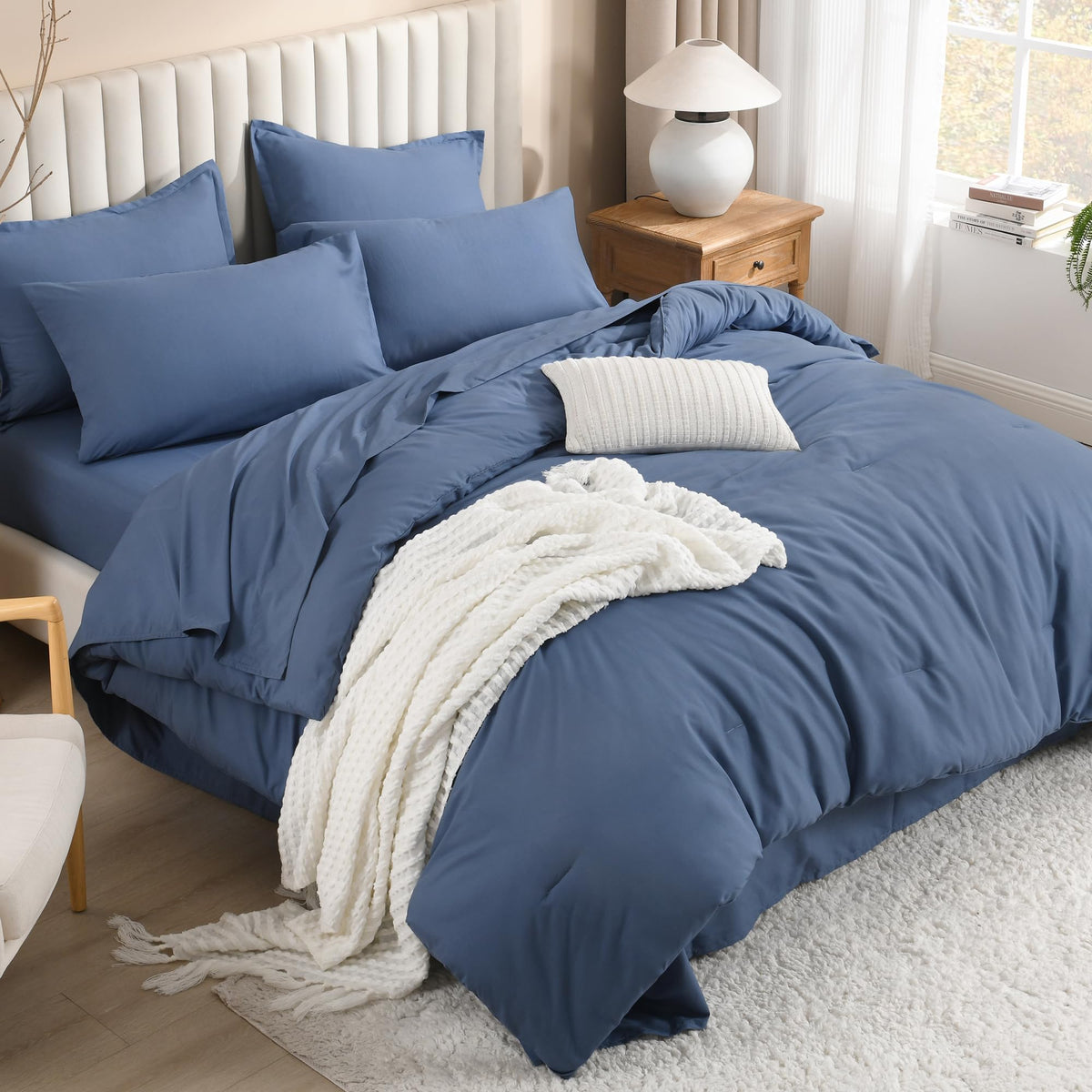 Litanika King Comforter Set with Sheets Beige - 7 Pieces Solid Bed in a Bag