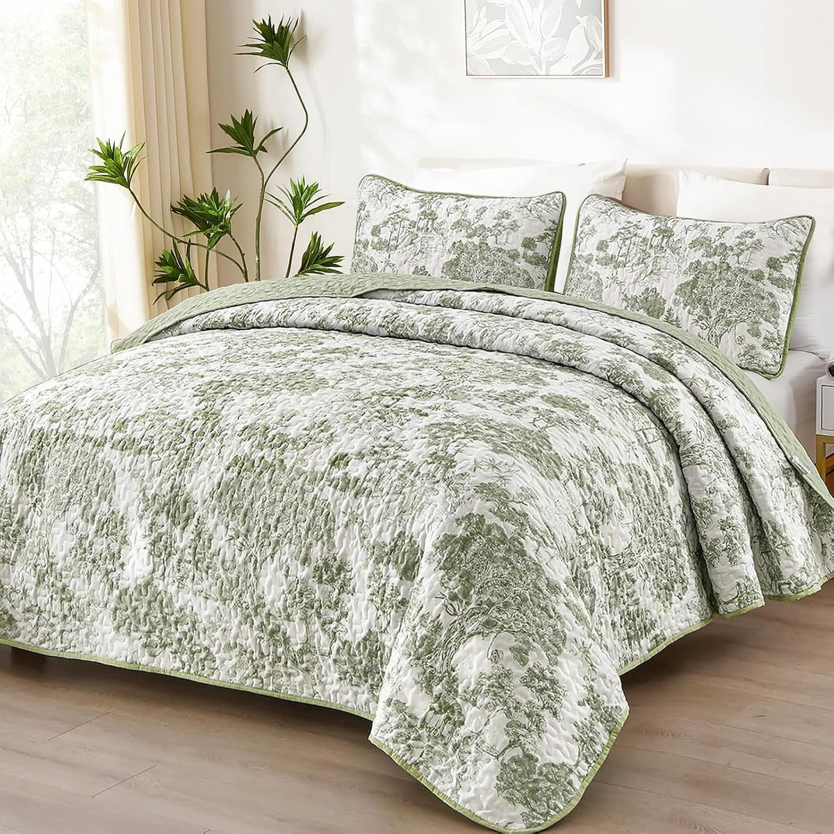 WONGS BEDDING Sage Green Quilt Set Queen Size, Botanical Floral Bedspread