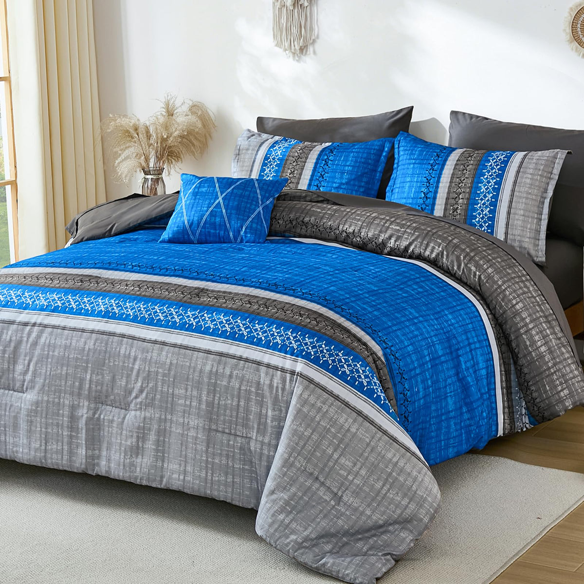 Dintszyayue Sage Green King Comforter Size Set, 8 Pieces Striped Boho Texture Bed in a Bag Sets, Lightweight Soft Bohemian Comforter and Sheet Set, All Season Microfiber Bedding Sets for Men Women