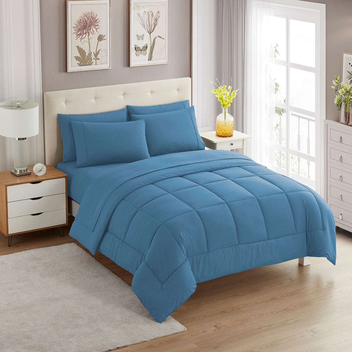 Sweet Home Collection 5 Piece Comforter Set Bag Solid Color All Season Soft Down Alternative Blanket & Luxurious Microfiber Bed Sheets, Navy, Twin