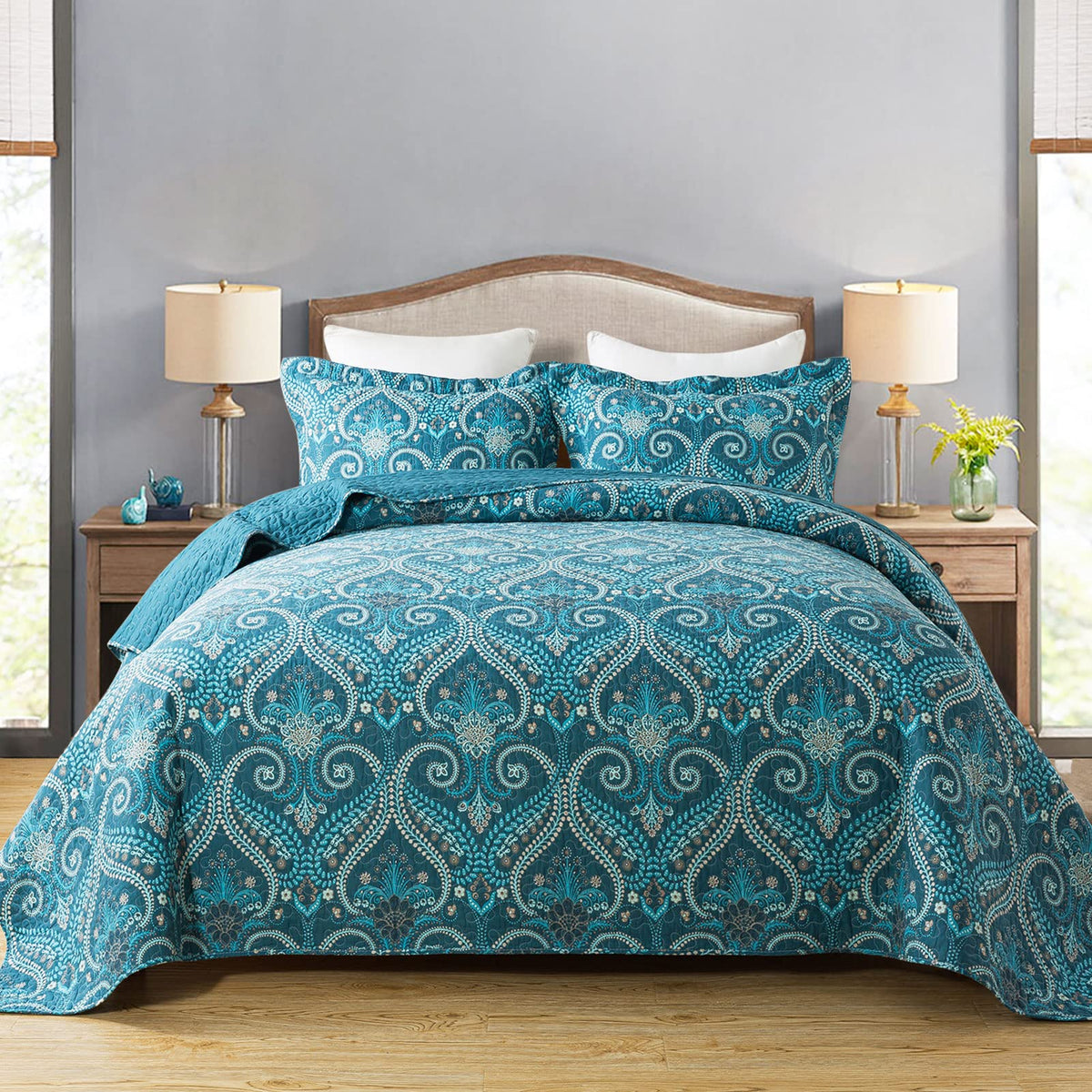 Travan 3-Piece Quilt Set Quilted Bedspread Lightweight Coverlet Set Garden Style Floral Printed Oversized Quilted Bedding Set with Shams for All Season, Exquisite, Queen Size