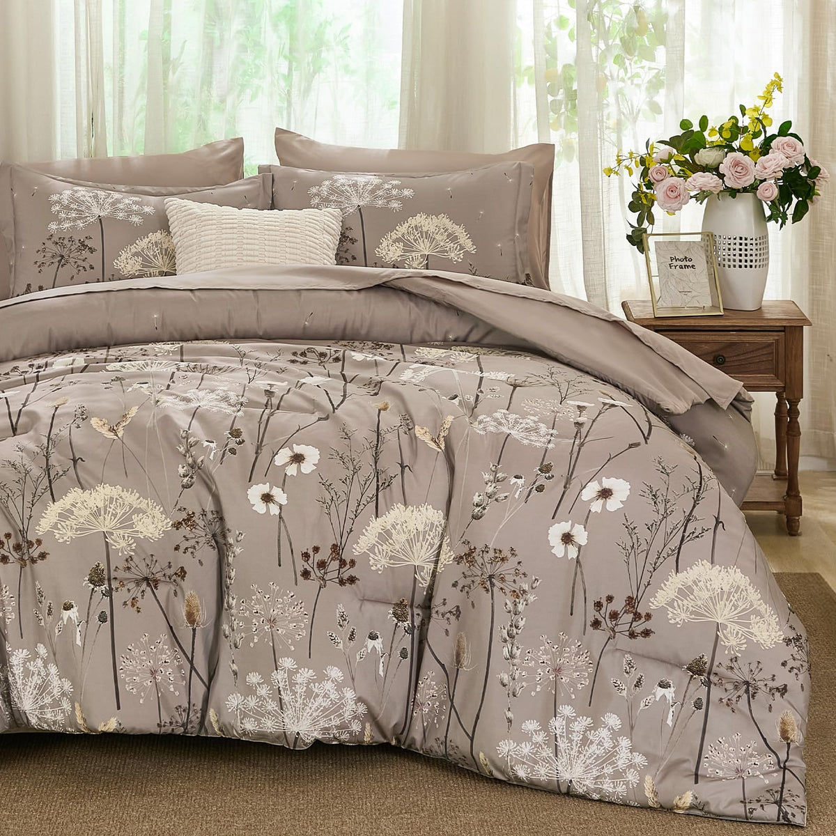 Yiran Queen Comforter Set, 7 Piece Floral Dark Green Bedding Set, Dandelion Botanical Bed in a Bag Queen, Soft Microfiber Complete Bedding Set with Comforter, Sheets, Pillowcases & Shams
