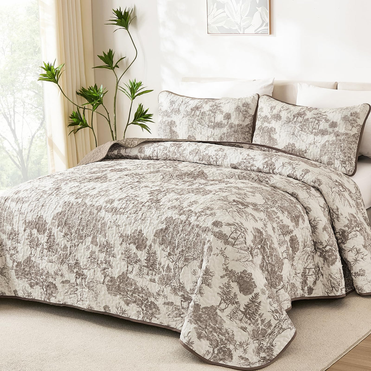 WONGS BEDDING Sage Green Quilt Set Queen Size, Botanical Floral Bedspread