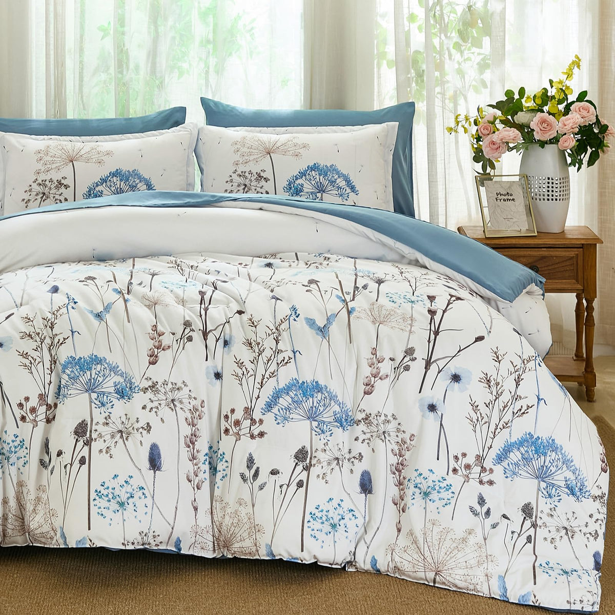 Yiran Queen Comforter Set, 7 Piece Floral Dark Green Bedding Set, Dandelion Botanical Bed in a Bag Queen, Soft Microfiber Complete Bedding Set with Comforter, Sheets, Pillowcases & Shams