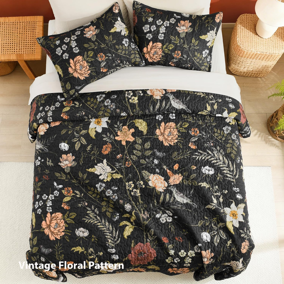 Litanika Floral Black Quilt King - 3Pcs Summer Boho Bedding Set