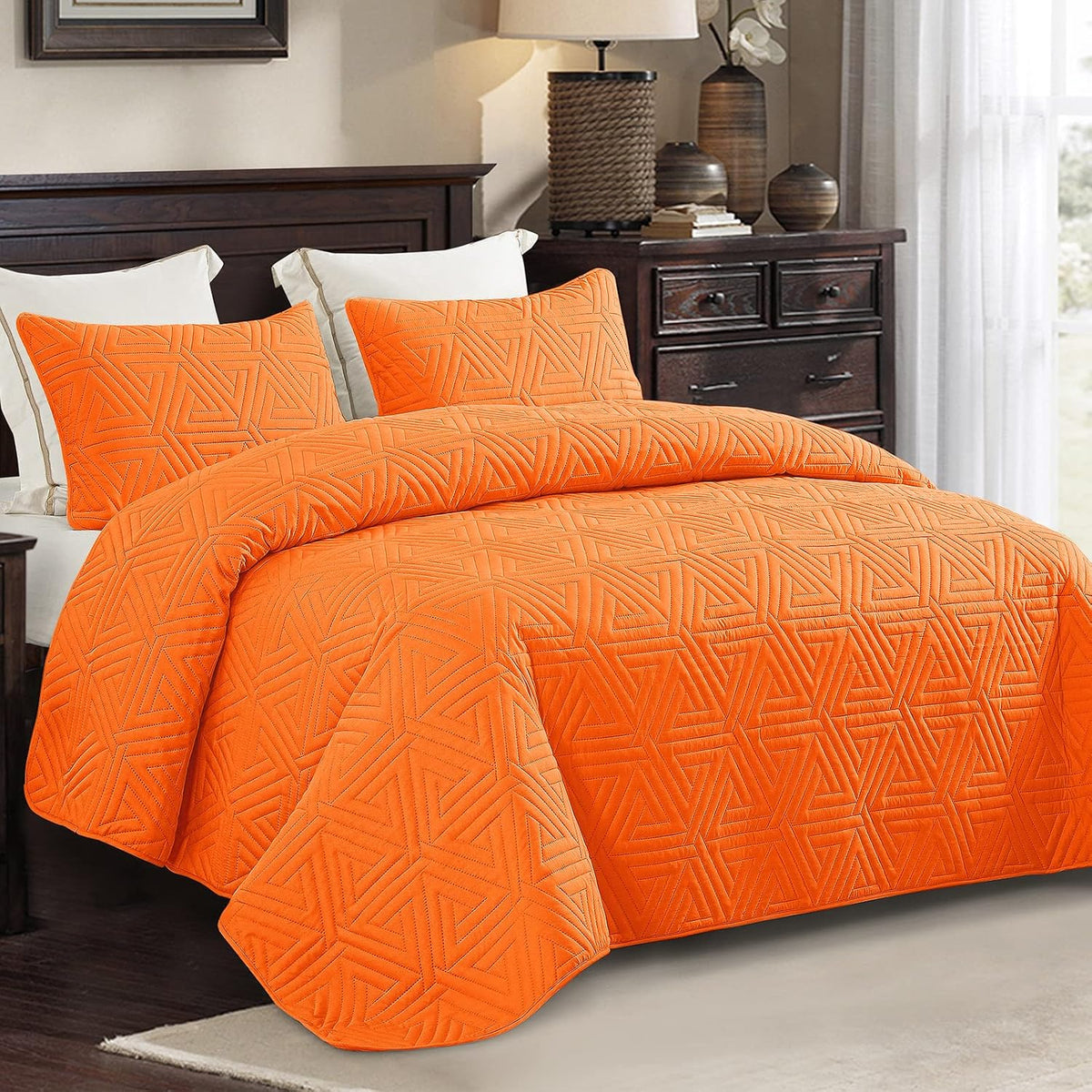 Whale Flotilla Soft Geometric Twin Quilt Set for All Seasons, Orange