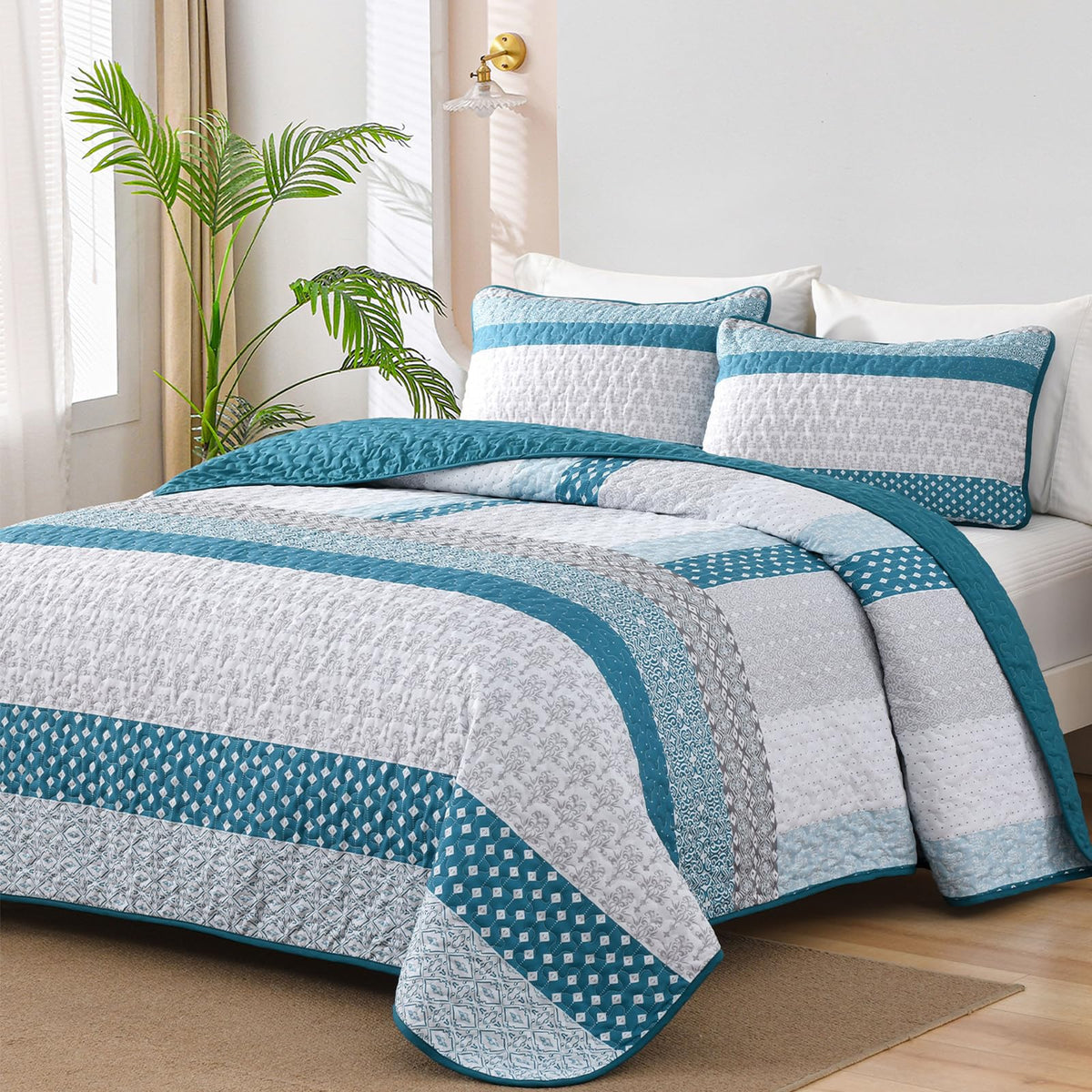 WONGS BEDDING Beige Quilt Queen Size, Boho Striped Bedspread