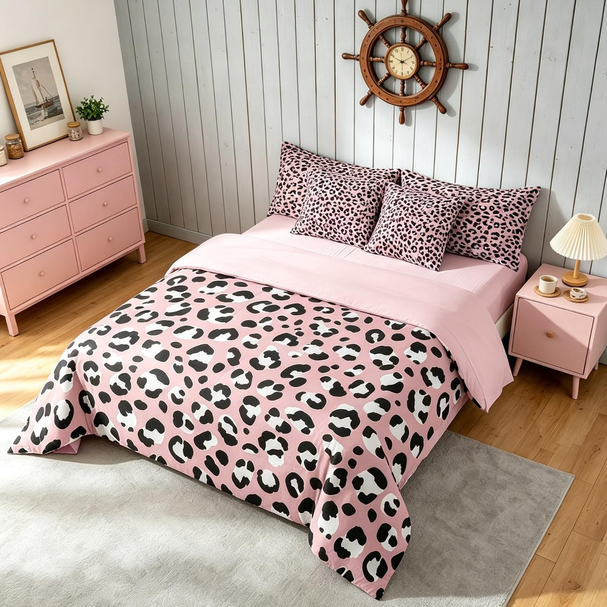 Erosebridal Leopard Print 7 Piece Bedding Set Full Cheetah Decor Comforter Set with Sheets Geometric Modern Bed in A Bag African Safari Animal Bed Sets with 2 Pillowcases, 2 Pillow Covers Lightweight
