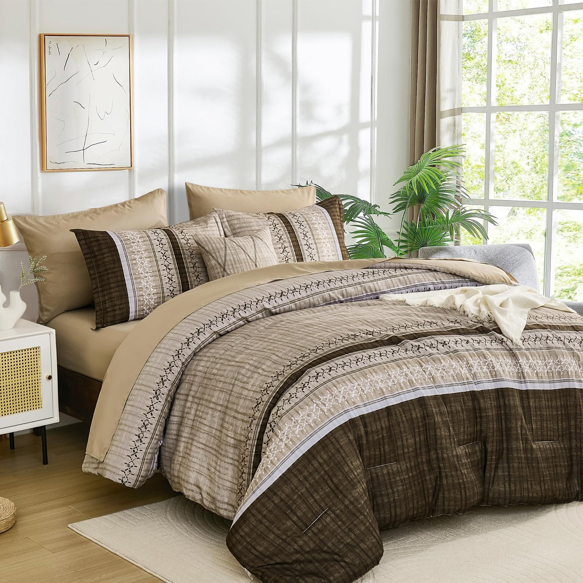 Dintszyayue Sage Green King Comforter Size Set, 8 Pieces Striped Boho Texture Bed in a Bag Sets, Lightweight Soft Bohemian Comforter and Sheet Set, All Season Microfiber Bedding Sets for Men Women