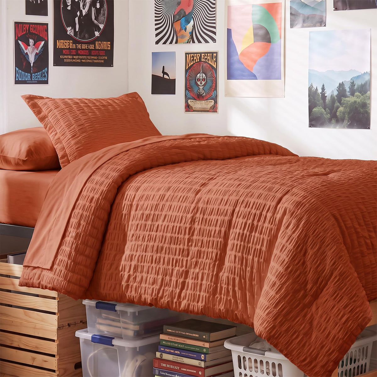 CozyLux Queen Comforter Set, 7 Pieces Beige Seersucker Bed in a Bag