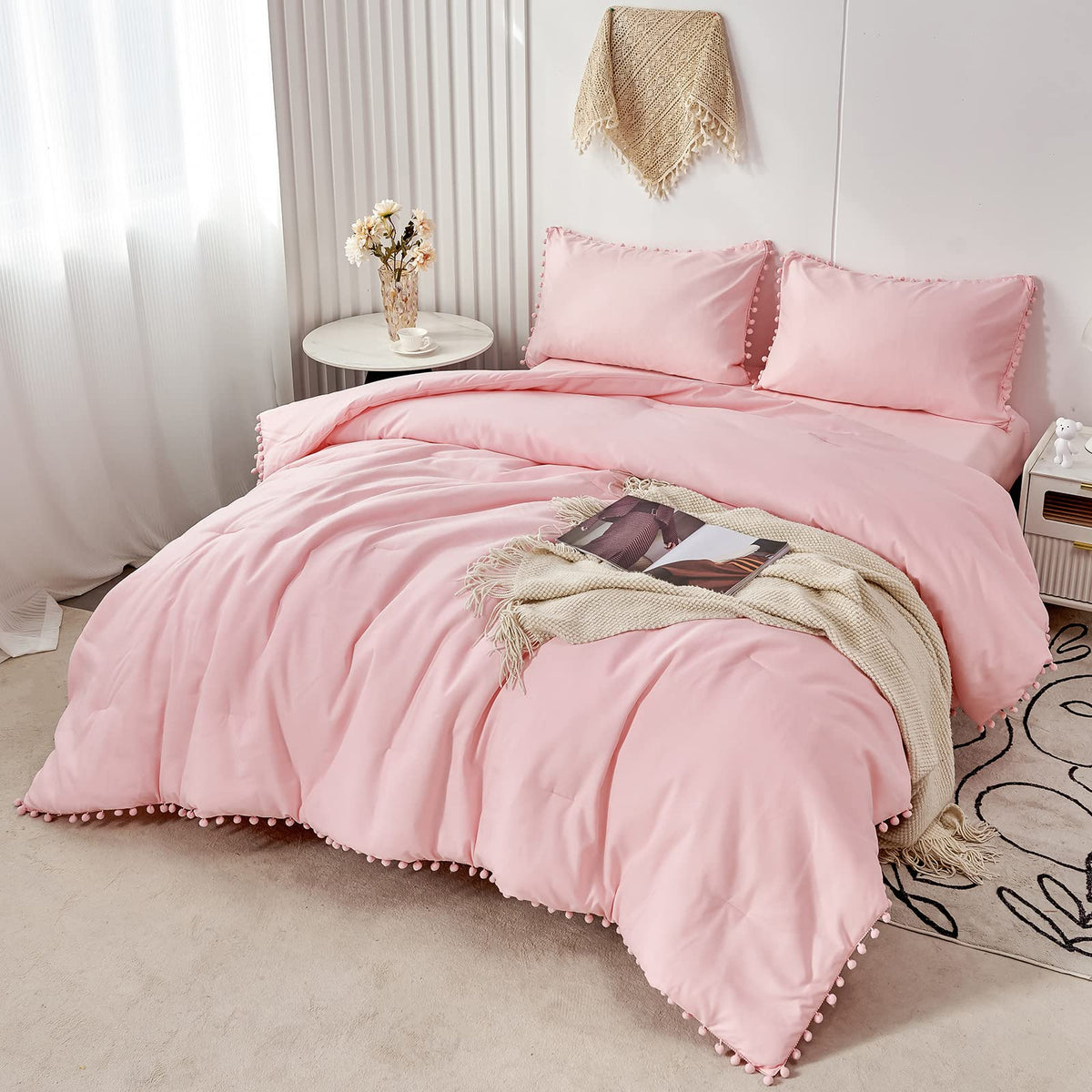 PERFEMET 5 Pieces Lavender Purple Comforter Set Twin Girls Pom Bedding Sets